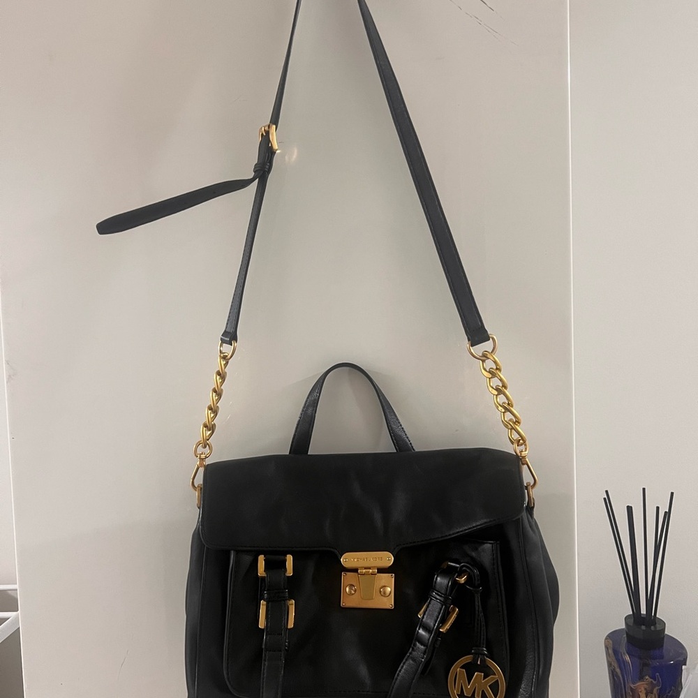 Michael Kors Black Leather Shoulder Bag with Gold Chain Strap